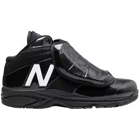 A black new balance shoe with white lettering.