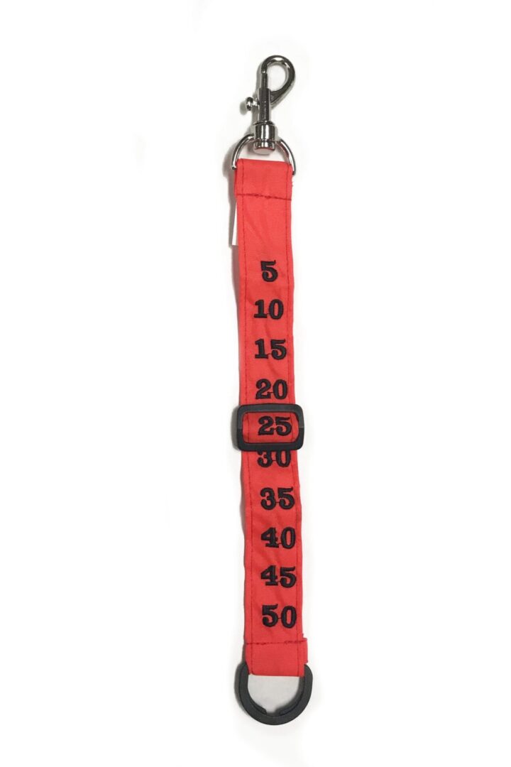 A red lanyard with numbers on it.