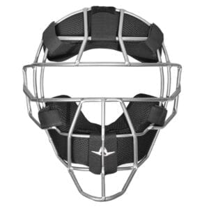 A baseball catcher 's mask with the front view of the face.