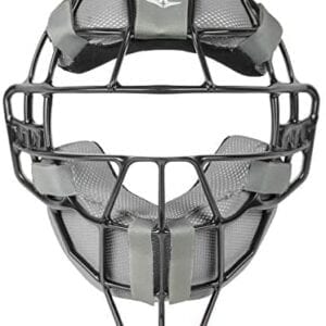 A baseball catcher 's mask with the face cage open.