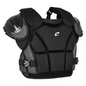 A black and gray chest protector on a white background