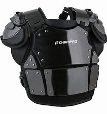 A black and silver chest protector on a white background