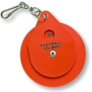 A red football to-mark key chain with the number 3 0.
