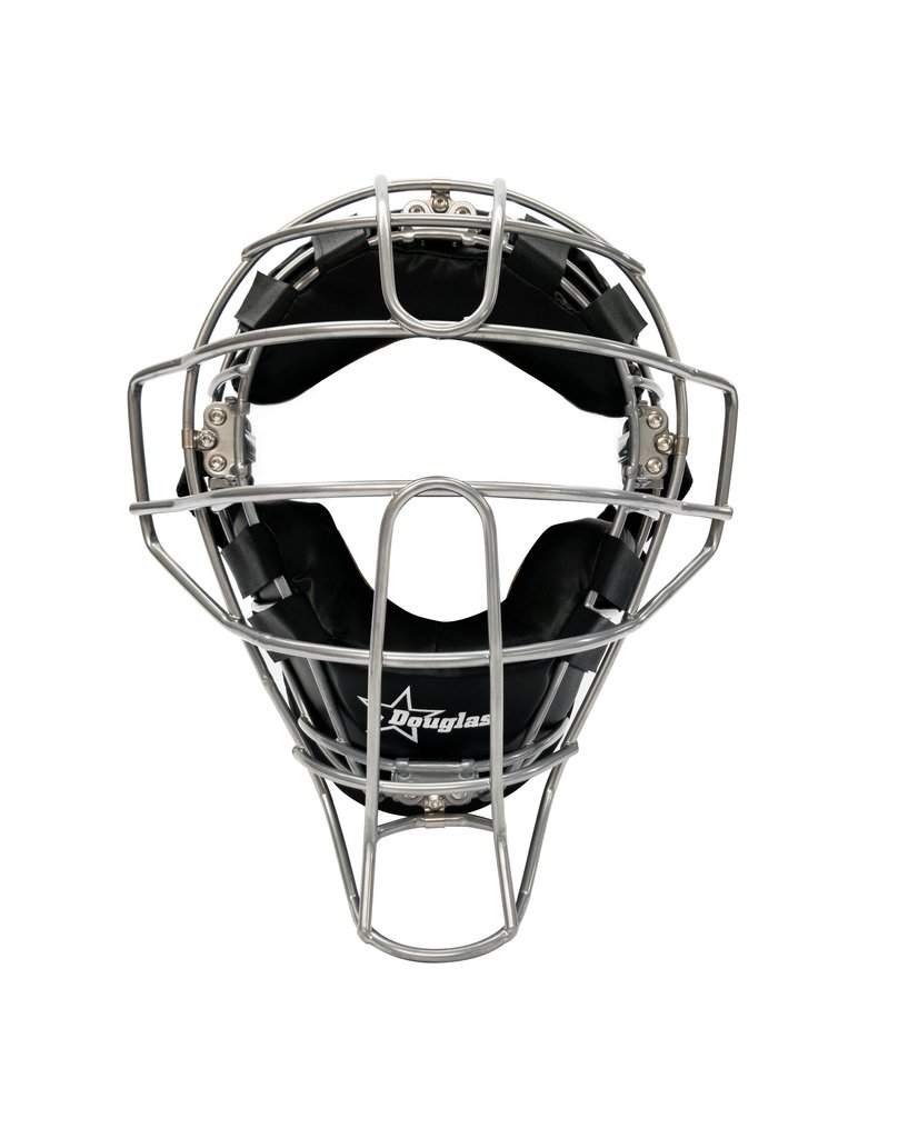 A catchers mask with black pads on top of it.