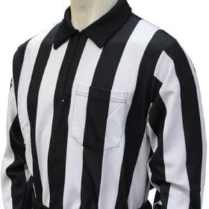 A referee shirt with black and white stripes.