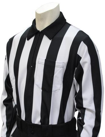 A referee shirt with black and white stripes.