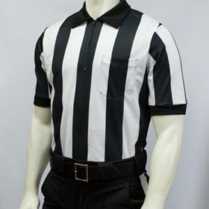 A referee shirt and pants worn by a man.