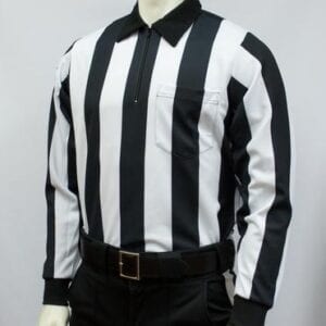 A referee shirt with black and white stripes.