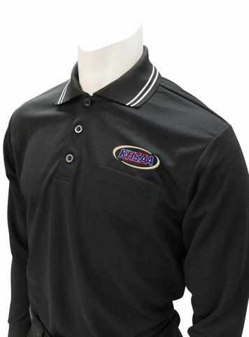 A black long sleeve polo shirt with a logo on the chest.
