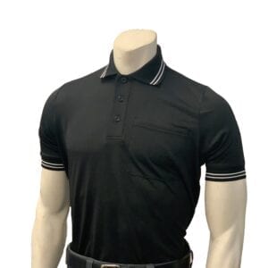 A black polo shirt with white and blue trim.