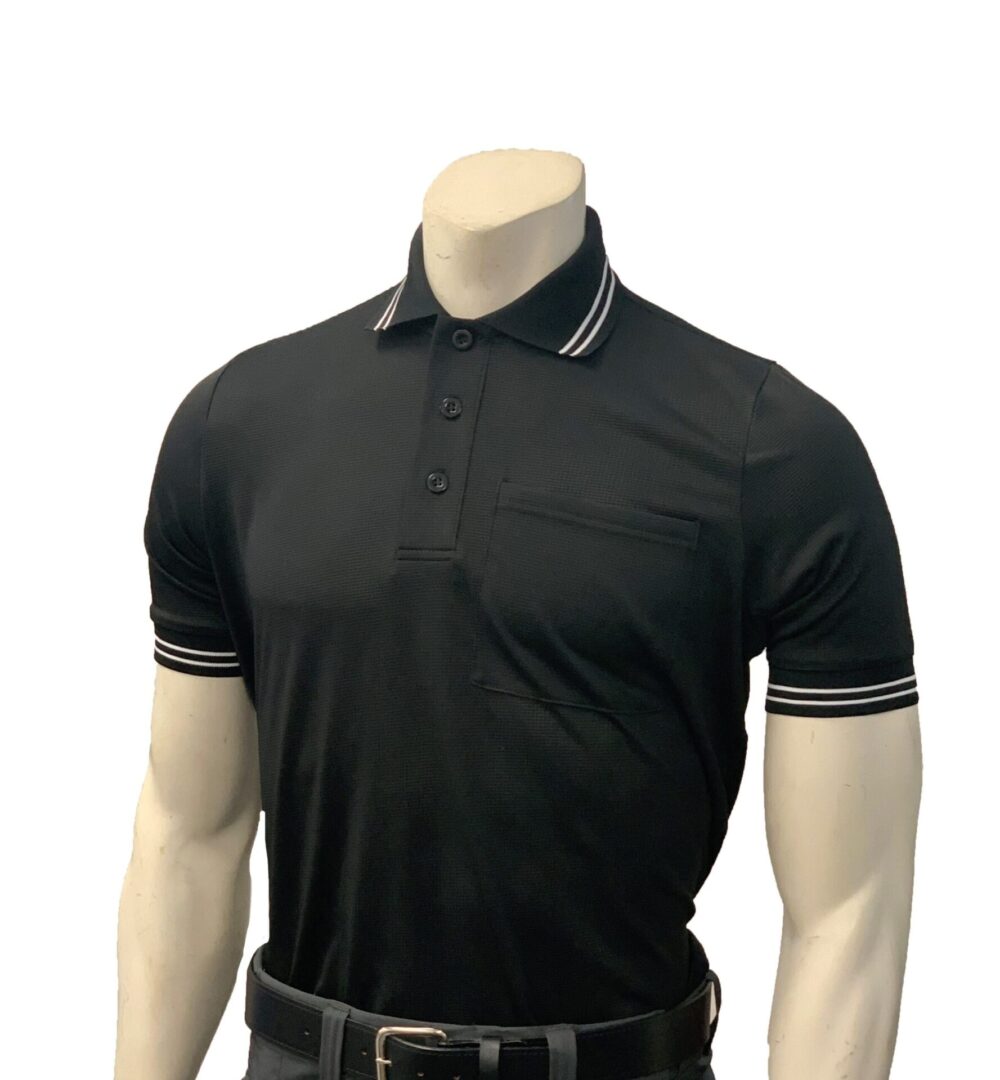 A black polo shirt with white and blue trim.