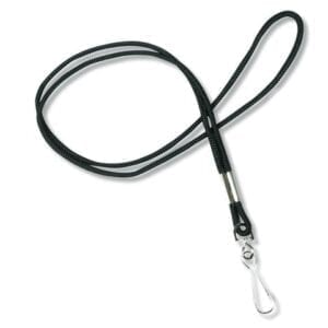 A black lanyard with a silver clip attached to it.
