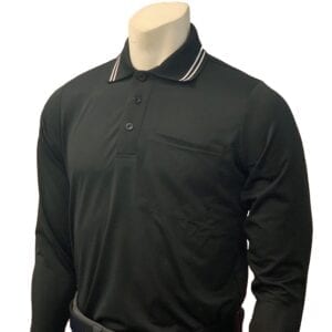 A black long sleeve referee shirt with white trim.