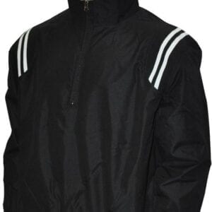 A black jacket with white stripes on the sleeves.