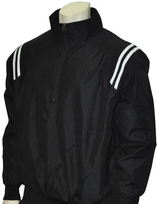 A black jacket with white stripes on the sleeves.