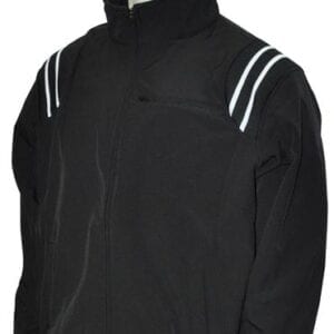 A referee jacket with white stripes on the sleeves.