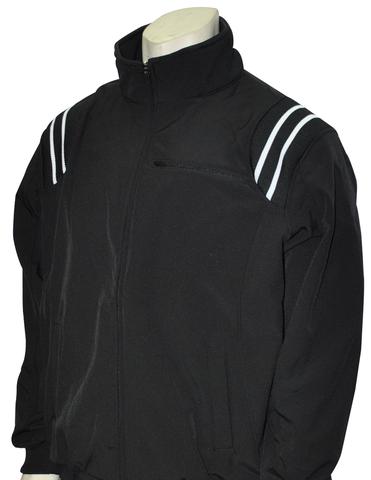 A referee jacket with white stripes on the sleeves.