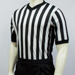 A referee is wearing black and white striped shirt.
