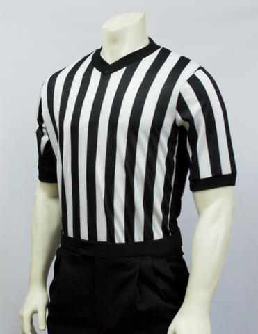 A referee is wearing black and white striped shirt.