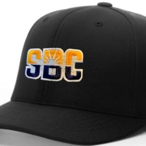 A black hat with the letters sbc on it.