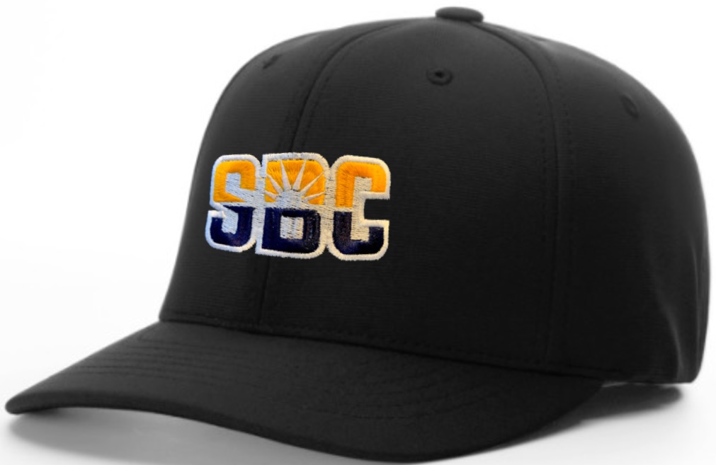 A black hat with the letters sbc on it.