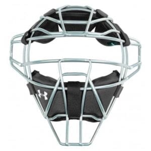 A silver and black baseball catcher 's mask.