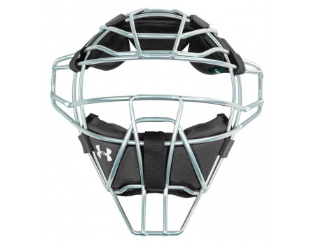 A silver and black baseball catcher 's mask.
