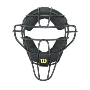 A catchers mask with a black strap around it.