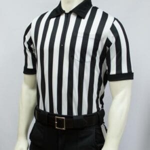 A referee shirt with black and white stripes.