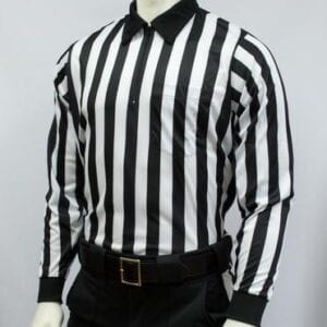 A referee is wearing a black and white striped shirt.