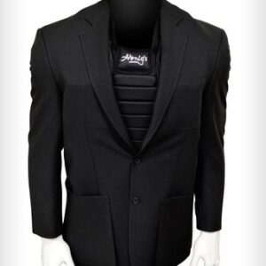 A black suit jacket and vest with a white shirt.