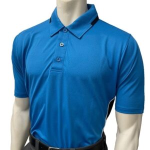 A blue polo shirt is shown with black trim.