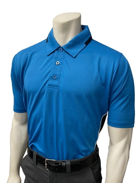 A blue polo shirt is shown with black trim.