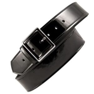 A black belt with a silver buckle on top of it.