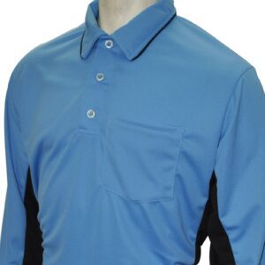 A close up of the chest pocket on a blue shirt