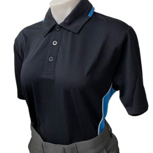 A black polo shirt with blue trim on the side.