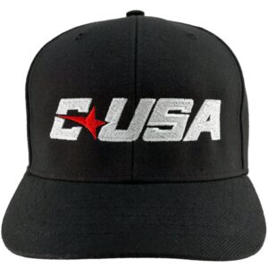 A black hat with the word " c usa " on it.