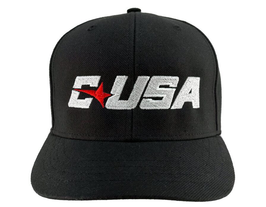 A black hat with the word " c usa " on it.