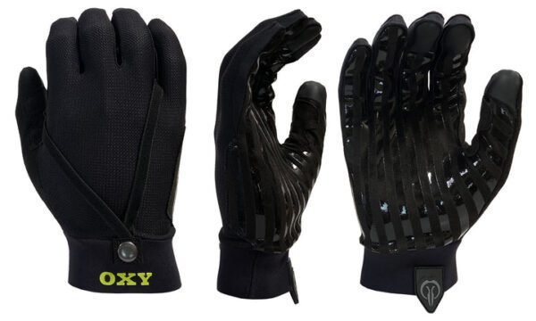 A pair of black gloves with yellow lettering.