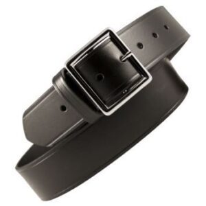 A black belt with a silver buckle on top of it.