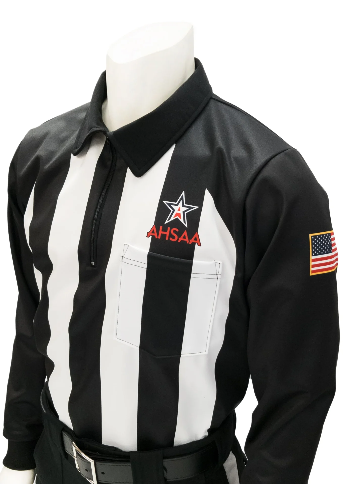 A referee shirt with an american flag patch.