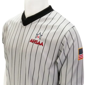 A close up of the chest and collar on an ahsaa baseball uniform.