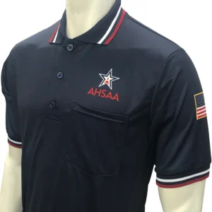 A black umpire shirt with an american flag on the sleeve.