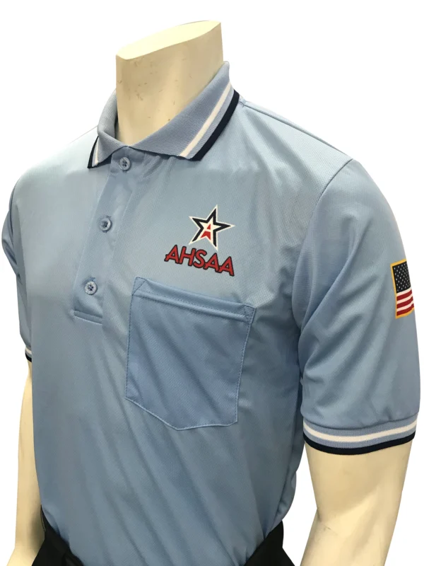 A close up of the chest pocket on an ahsaa umpire shirt