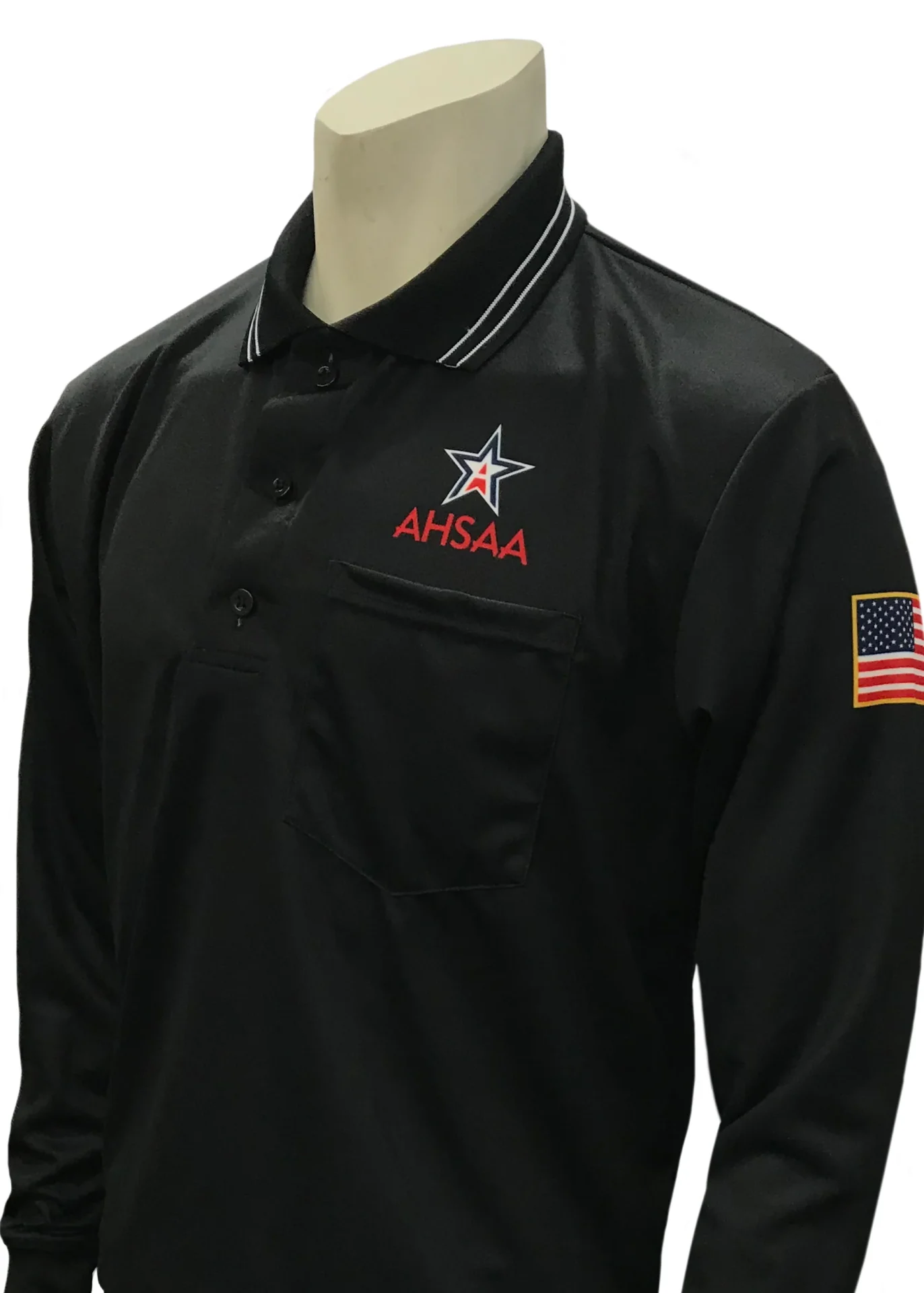 A black long sleeve shirt with an american flag on the front.