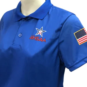 A close up of the sleeve and collar on an american flag polo shirt.