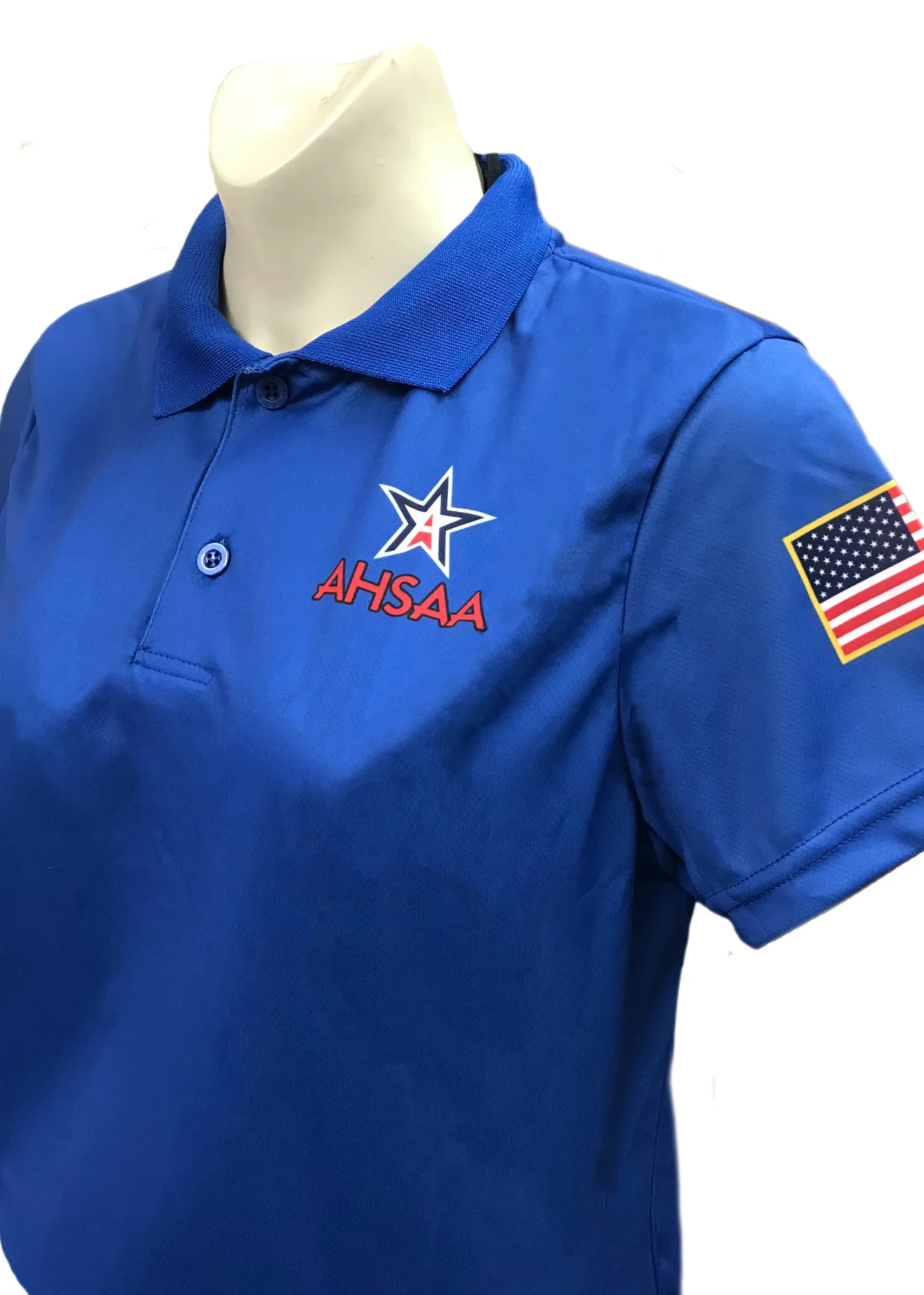 A close up of the sleeve and collar on an american flag polo shirt.