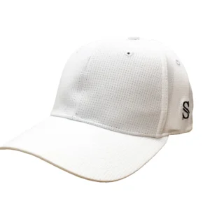 A white hat with the letter s on it.