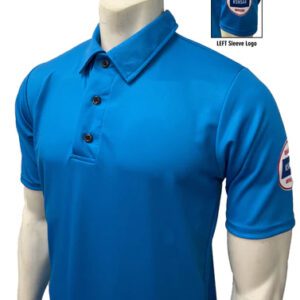 A blue polo shirt with an emblem on the chest.