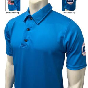 A blue shirt with a patch on the left chest.